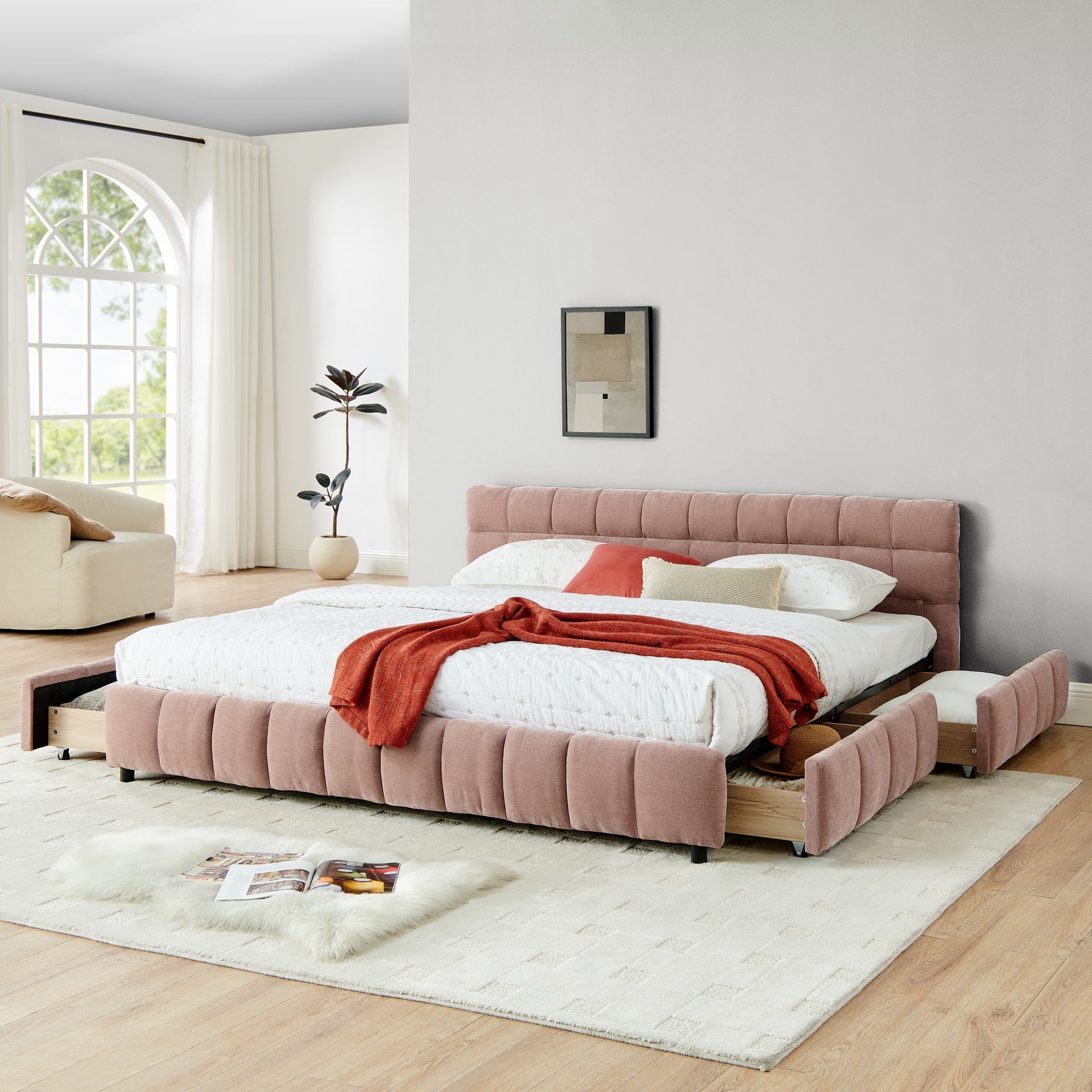 King Size Upholstered Bed ,comfortable upholstered bed frame, Chenille fabric, with headboard and solid bed frame. With drawer for storage.-Pink(88.5''*85.5''*31'')