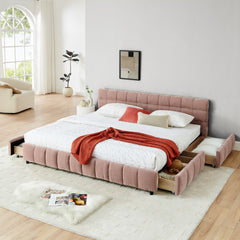 King Size Upholstered Bed ,comfortable upholstered bed frame, Chenille fabric, with headboard and solid bed frame. With drawer for storage.-Pink(88.5''*85.5''*31'')