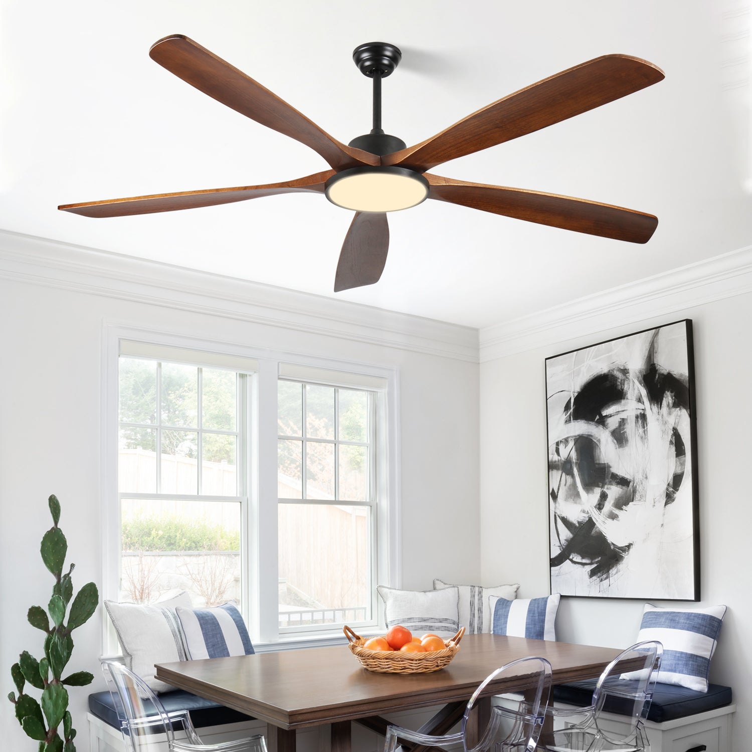 72-inch Large Outdoor Ceiling Fan with Remote Control and Light with Three-Color Dimming, 5 Reversible Wooden Blades, Modern Garden, Patio, Farmhouse, Living Room and Bedroom Ceiling Fan