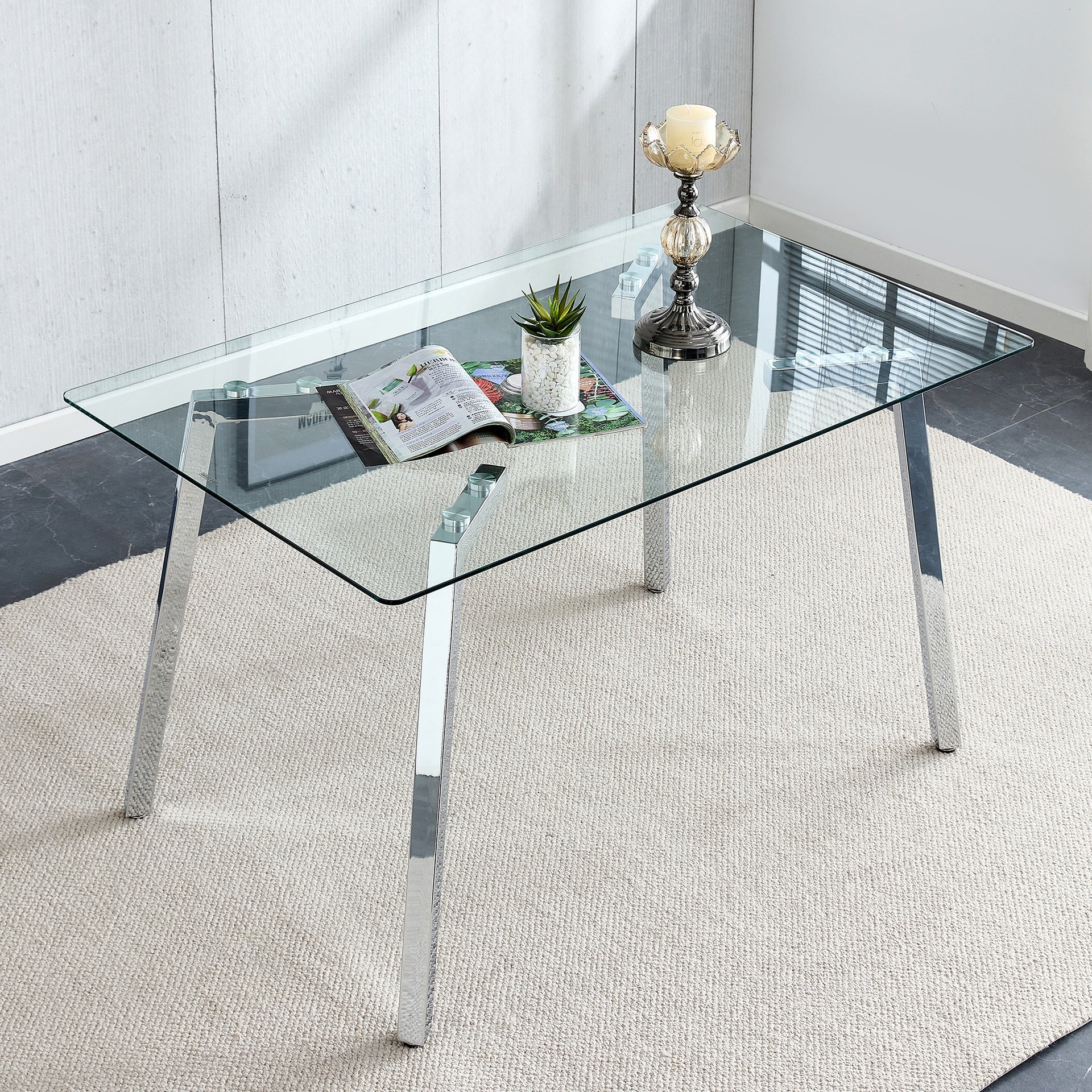 Glass Dining Table Modern Minimalist Rectangular  for 4-6 with 0.31" Tempered Glass Tabletop and plating Metal Legs, Writing Table Desk, for Kitchen Dining Living Room, 51" W x 31"D x 30" H 1123