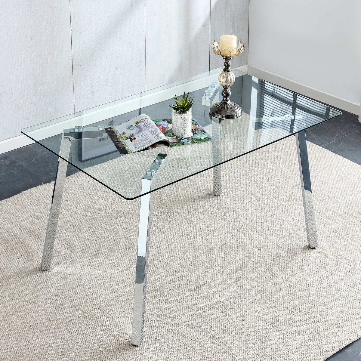 Glass Dining Table Modern Minimalist Rectangular  for 4-6 with 0.31" Tempered Glass Tabletop and plating Metal Legs, Writing Table Desk, for Kitchen Dining Living Room, 51" W x 31"D x 30" H 1123