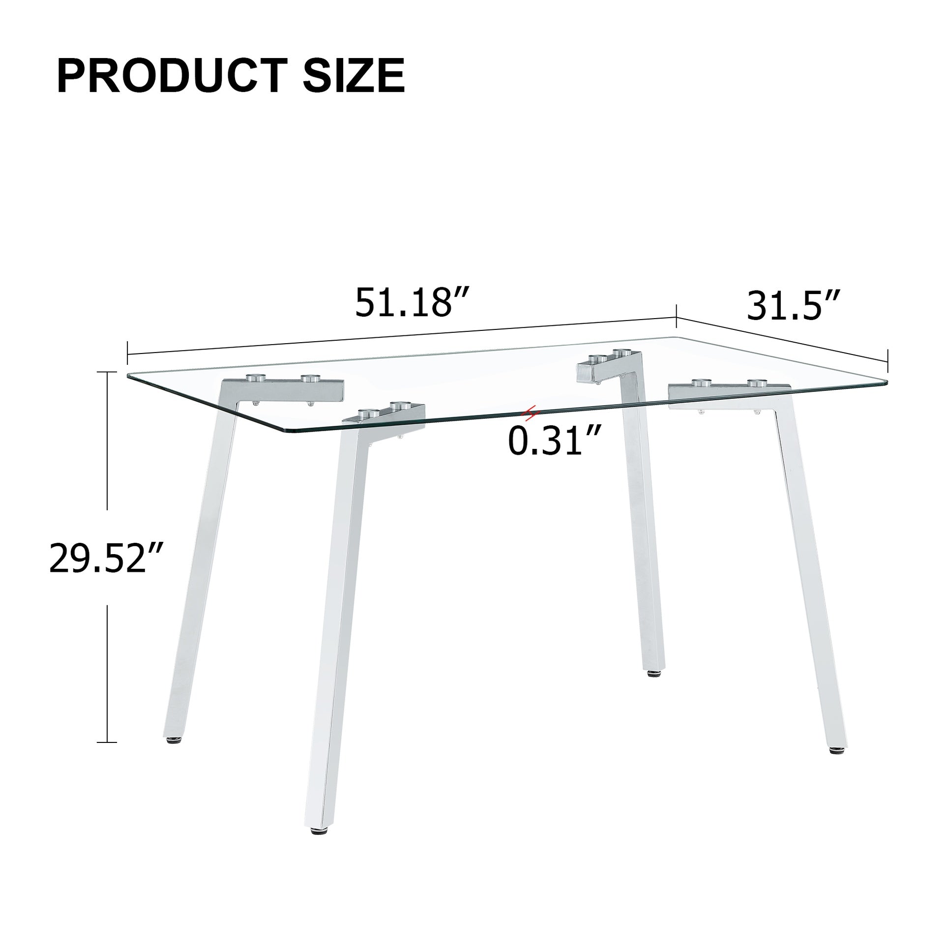 Glass Dining Table Modern Minimalist Rectangular  for 4-6 with 0.31" Tempered Glass Tabletop and plating Metal Legs, Writing Table Desk, for Kitchen Dining Living Room, 51" W x 31"D x 30" H 1123