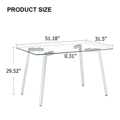 Glass Dining Table Modern Minimalist Rectangular  for 4-6 with 0.31" Tempered Glass Tabletop and plating Metal Legs, Writing Table Desk, for Kitchen Dining Living Room, 51" W x 31"D x 30" H 1123