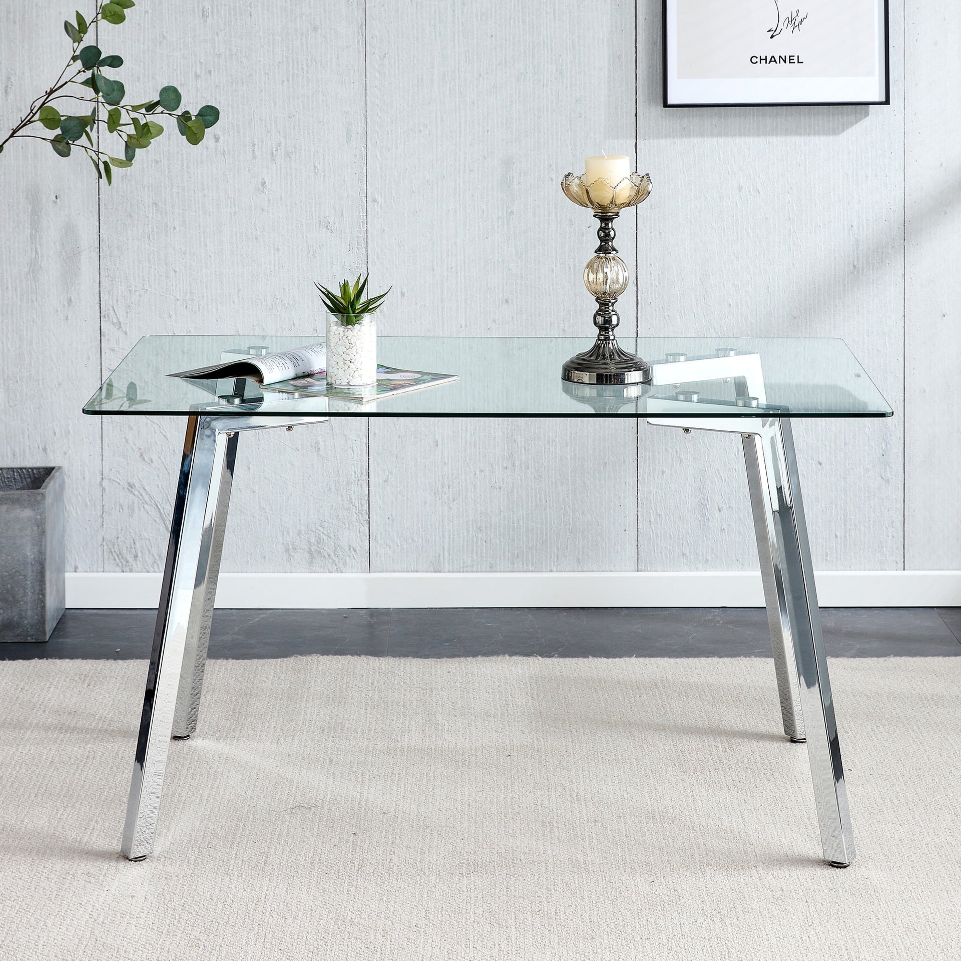 Glass Dining Table Modern Minimalist Rectangular  for 4-6 with 0.31" Tempered Glass Tabletop and plating Metal Legs, Writing Table Desk, for Kitchen Dining Living Room, 51" W x 31"D x 30" H 1123
