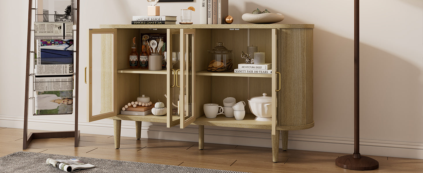 TREXM Farmhouse Sideboard Cabinet with Storage, Wood Buffet Cabinet with Glass Doors and Adjustable Shelves for Kitchen, Dining Room and Living Room (Natural)