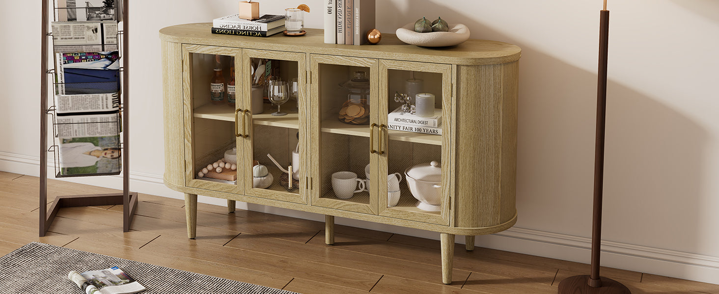 TREXM Farmhouse Sideboard Cabinet with Storage, Wood Buffet Cabinet with Glass Doors and Adjustable Shelves for Kitchen, Dining Room and Living Room (Natural)