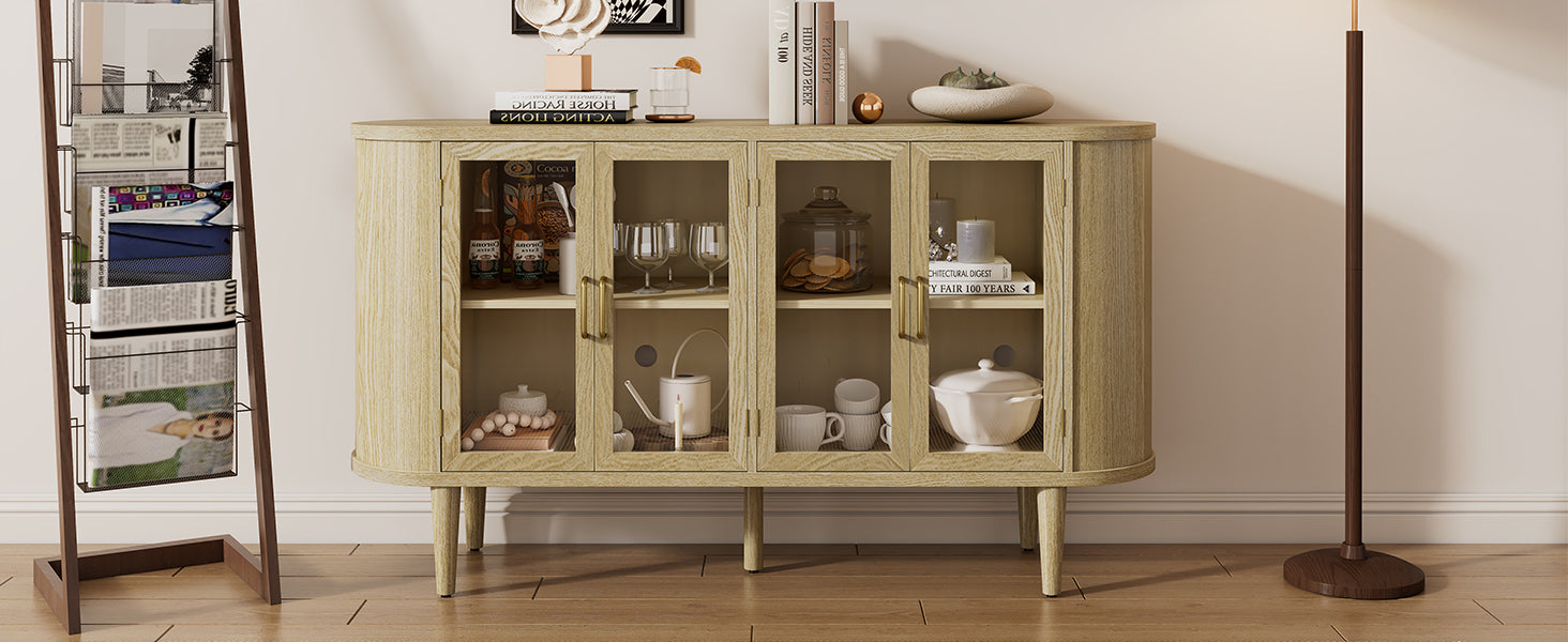 TREXM Farmhouse Sideboard Cabinet with Storage, Wood Buffet Cabinet with Glass Doors and Adjustable Shelves for Kitchen, Dining Room and Living Room (Natural)