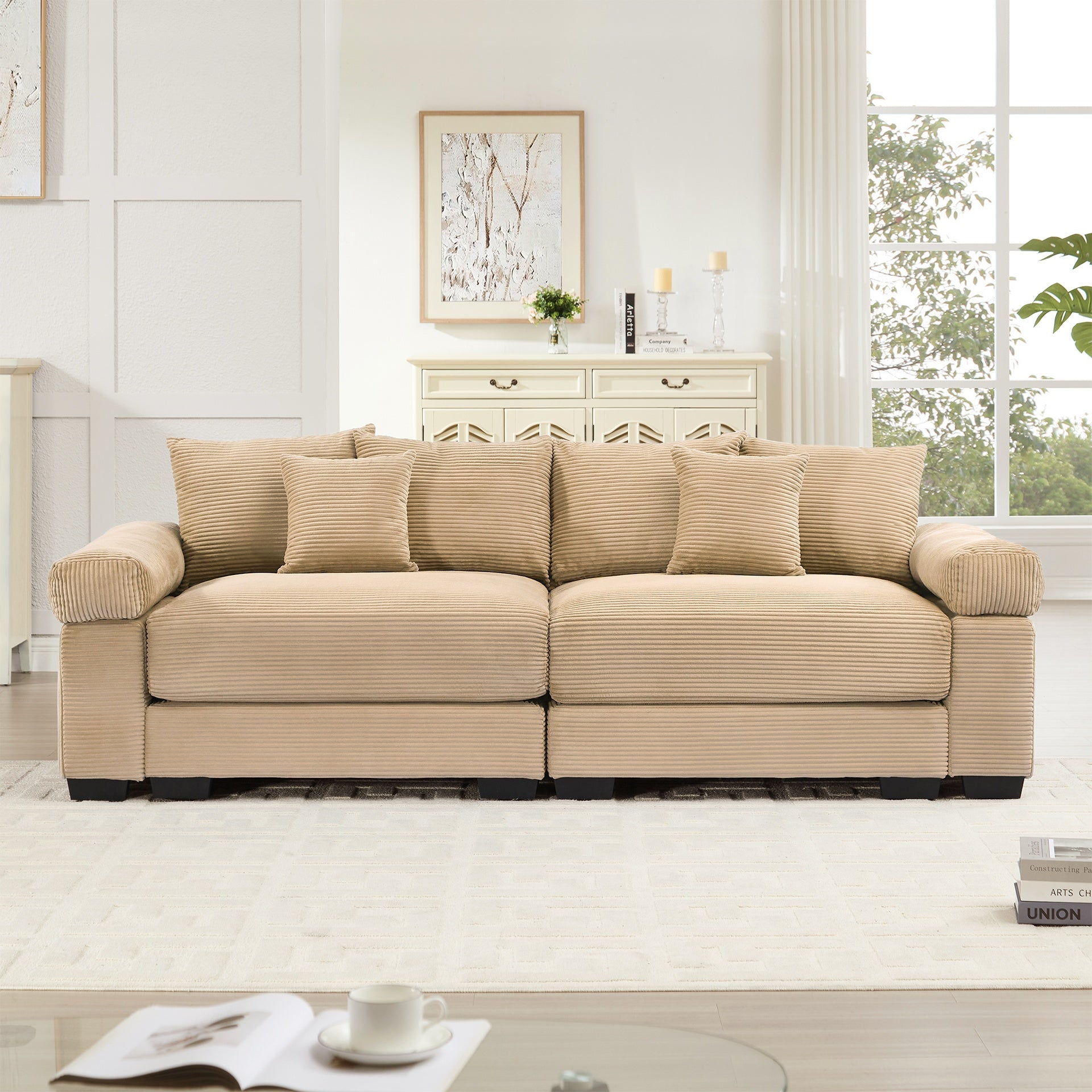 92"  Oversized Cloud Modular Sectional Couch,Corduroy Fabric Extra-Wide Armrests Throw Pillows Ergonomic Design High Resilience Cushion Easy Assembly,For Living Rooms Bedrooms,Camel