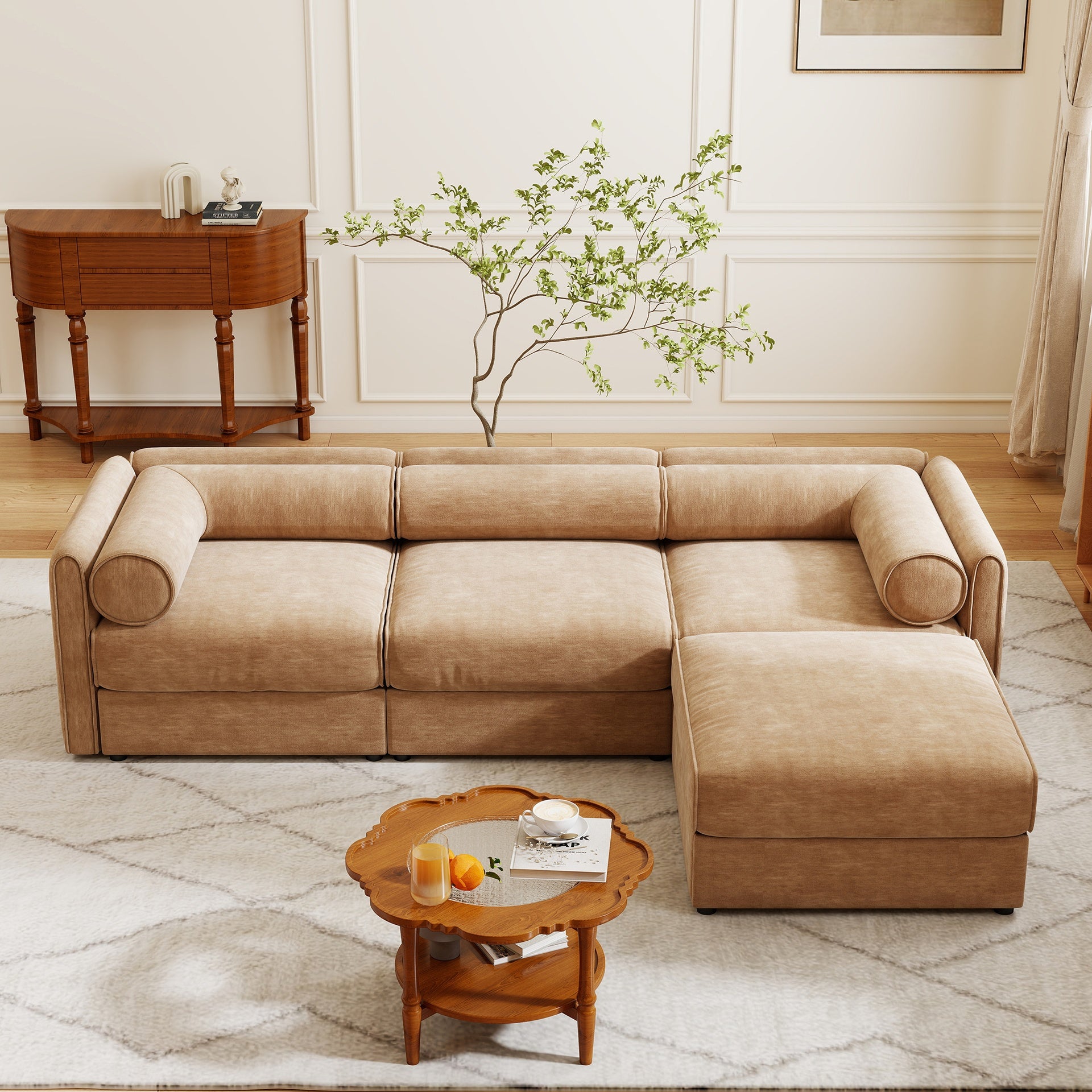 Elegant Camel Chenille  Sofa with Storage Seat and Ottoman, L-Shaped 3-Seater Cylindrical Backrest and Armrests, Contemporary 3-Seater Fabric Couch with Hidden Storage Compartment