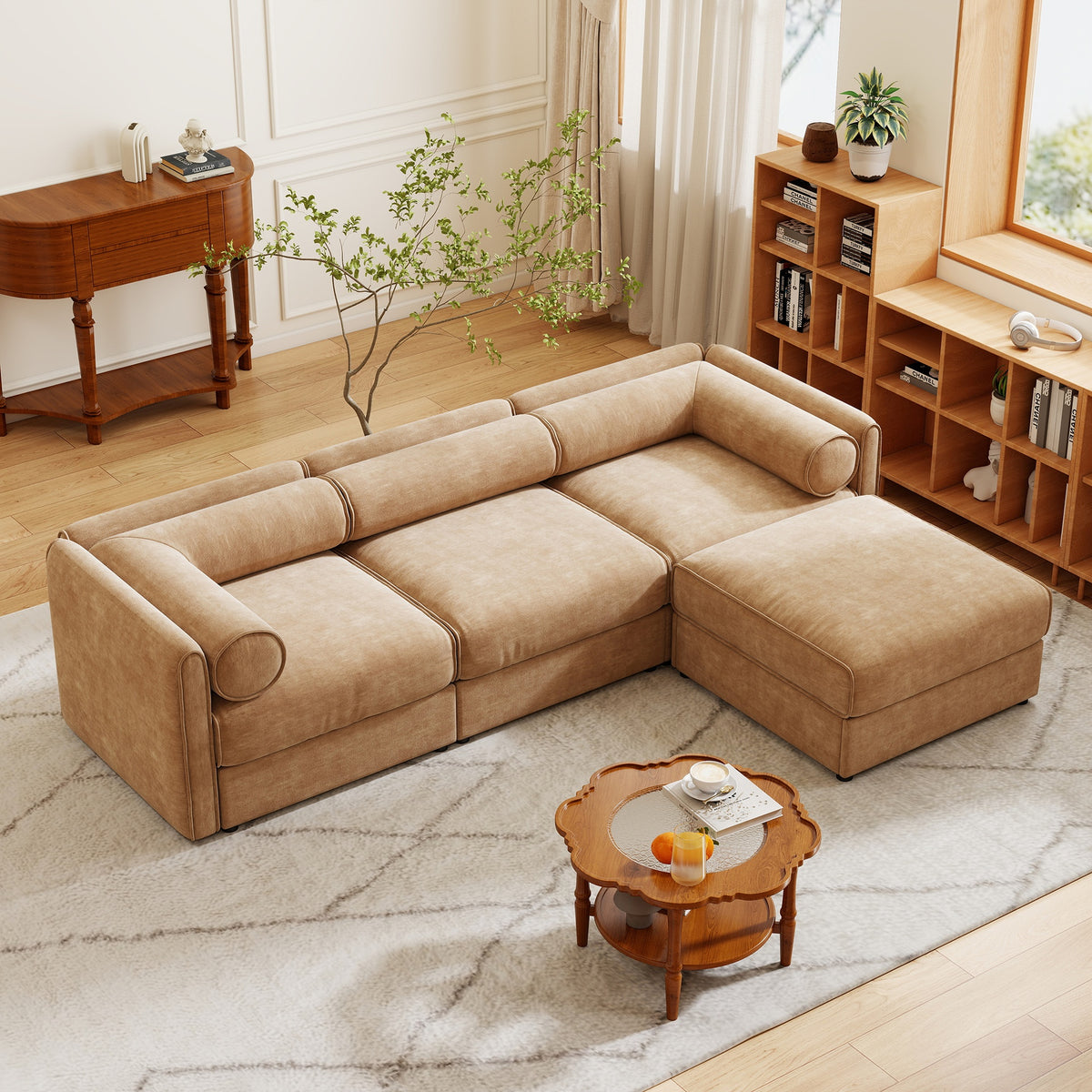 Elegant Camel Chenille  Sofa with Storage Seat and Ottoman, L-Shaped 3-Seater Cylindrical Backrest and Armrests, Contemporary 3-Seater Fabric Couch with Hidden Storage Compartment