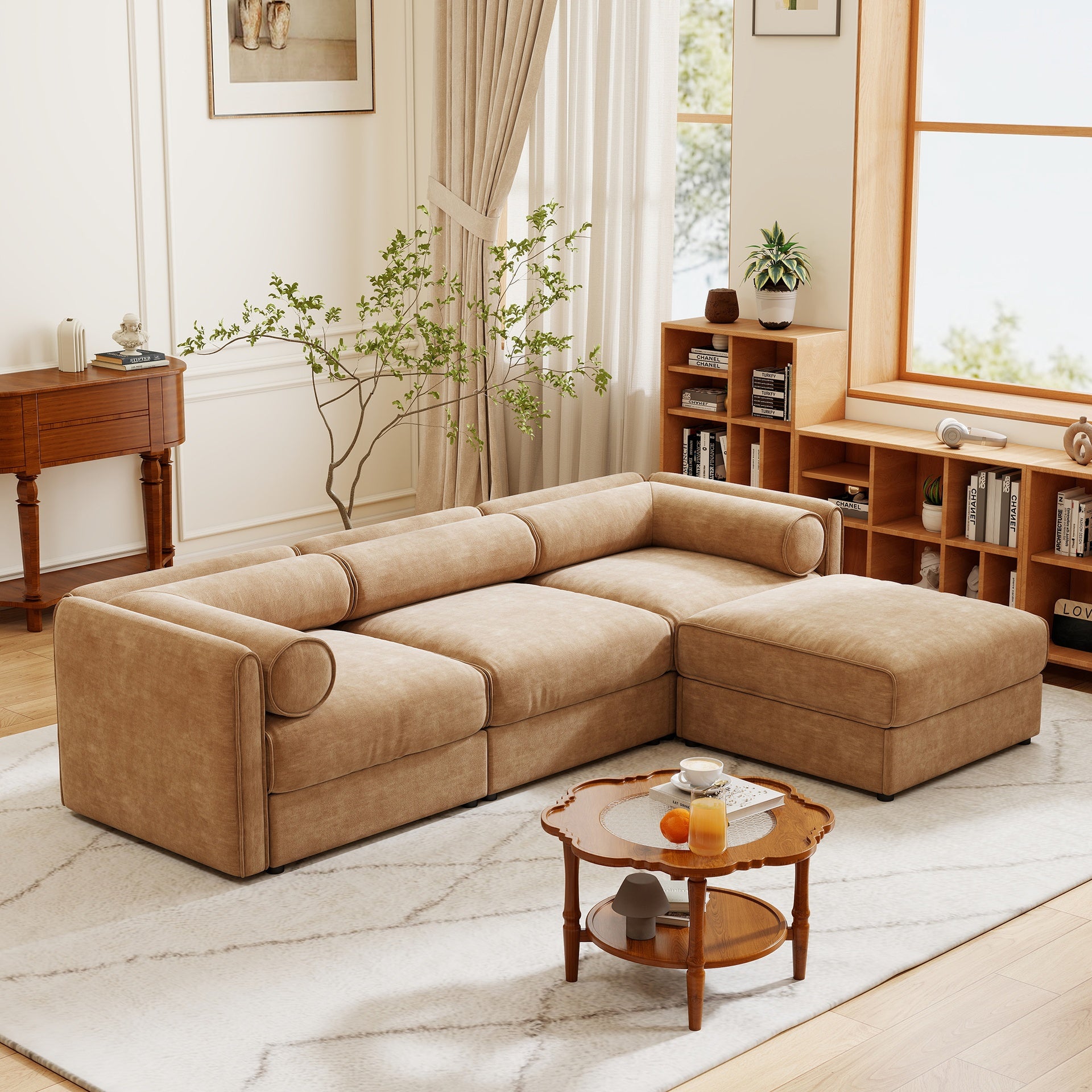 Elegant Camel Chenille  Sofa with Storage Seat and Ottoman, L-Shaped 3-Seater Cylindrical Backrest and Armrests, Contemporary 3-Seater Fabric Couch with Hidden Storage Compartment