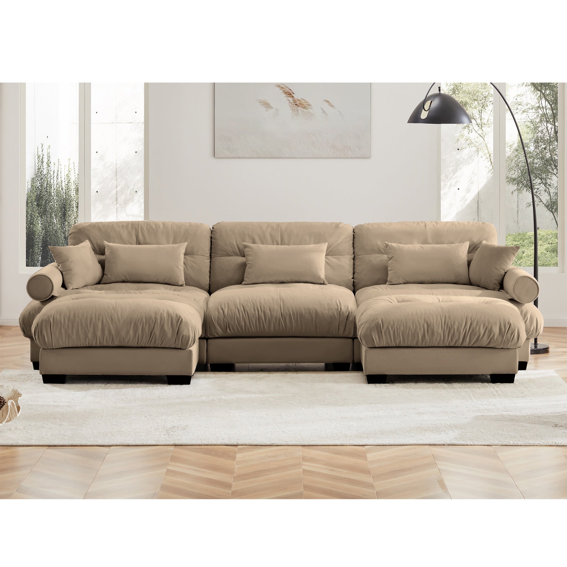 U Shape Modular Sectional Sofa Couch with Two Movable Ottomans, Modern 3 Seat Corner Sofa With Waist Pillows, Throw Pillows and Blostered Armrests, Convertible L Shaped Couch for Living Room,Camel