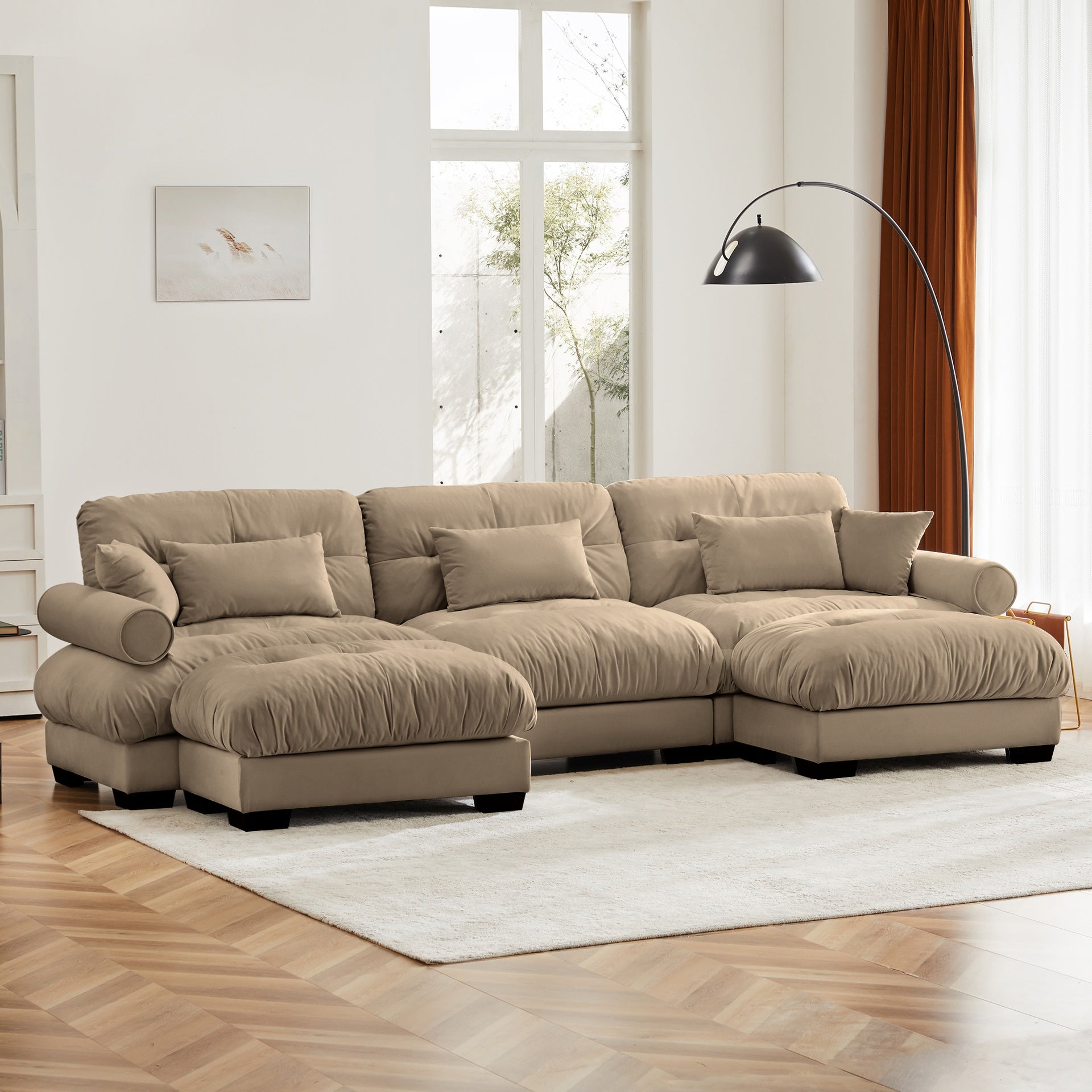 U Shape Modular Sectional Sofa Couch with Two Movable Ottomans, Modern 3 Seat Corner Sofa With Waist Pillows, Throw Pillows and Blostered Armrests, Convertible L Shaped Couch for Living Room,Camel