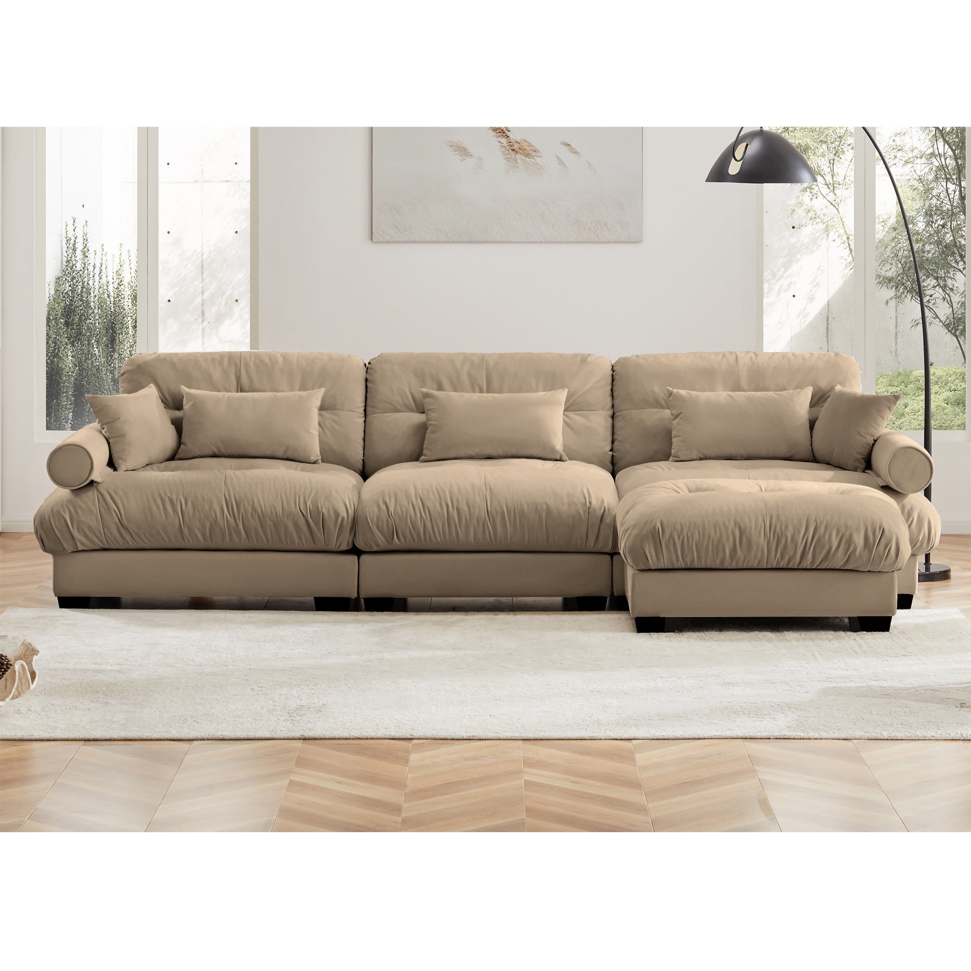 Super Comfort Oversized Modular Velvet Sectional Sofa Couch with Movable Ottoman,Corner Sectional with Bolstered Armrests, Deep Seat Cloud Couch, Convertible L Shaped Couch for Living Room Camel