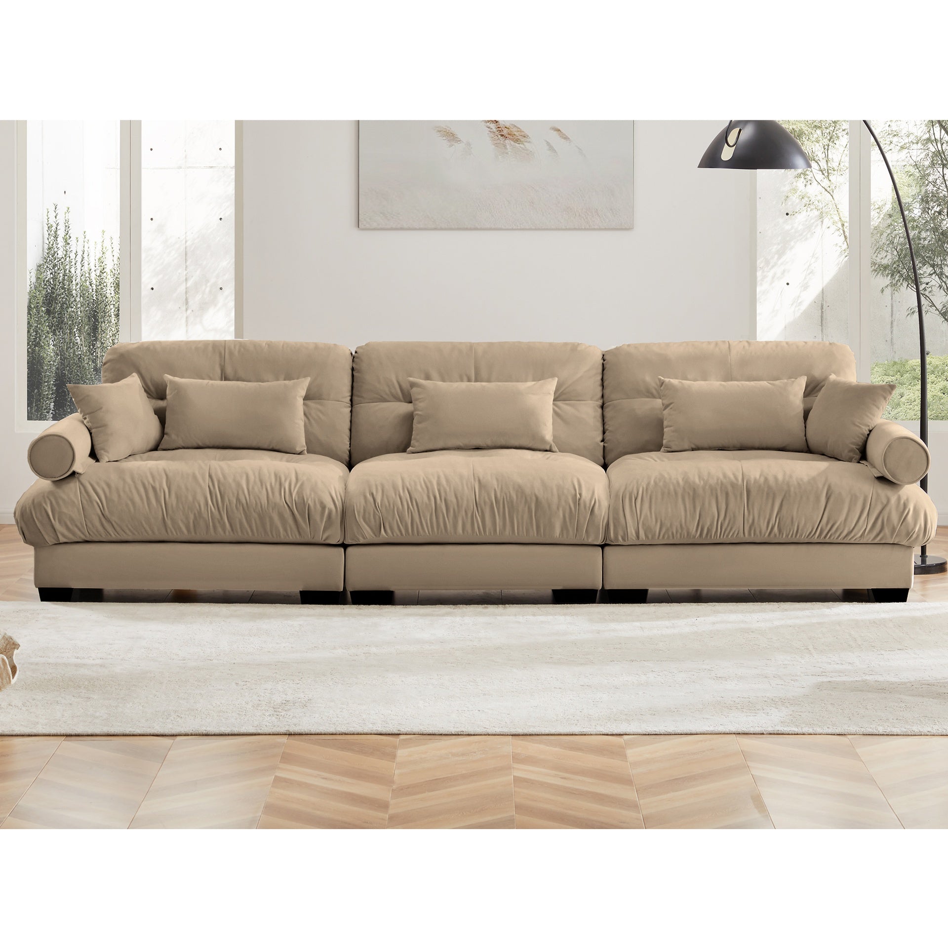 Extra Large  3 Seat Modern Velvet Sofa, Oversize Sofa, Clould Like Comfortable Seat and Back Support, With Waist Pillows and Throw Pillows, Camel