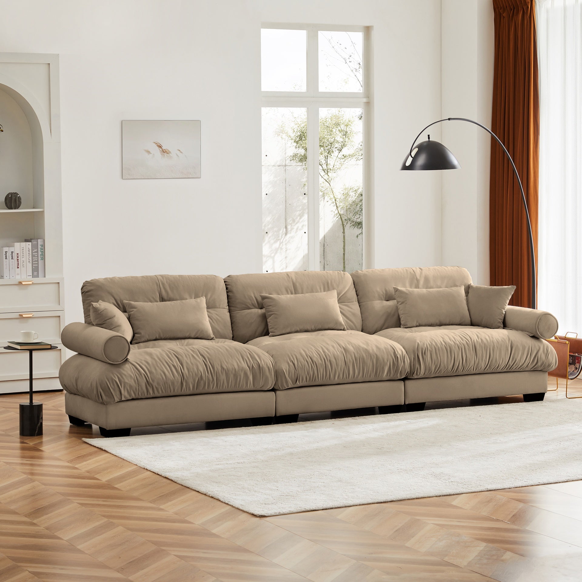 Extra Large  3 Seat Modern Velvet Sofa, Oversize Sofa, Clould Like Comfortable Seat and Back Support, With Waist Pillows and Throw Pillows, Camel