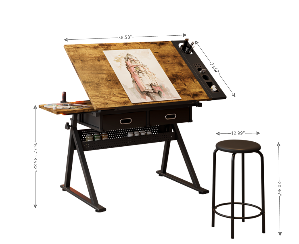 adjustable drawing drafting table desk with 2 drawers for home office and school with stool(brown)