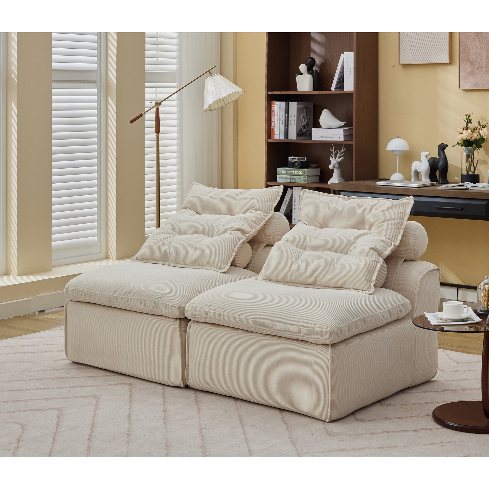 [NEW ARRIVED] [VIDEO PROVIDED]Modular Sofa,No Armrests,At will DIY,Soft Corduroy Fabric,Neck Pillow-Back Lounge Sofa Chair,Reading Nook, or Apartment Living, Lumbar Pillow,2 Seats,Upholstered,Beige