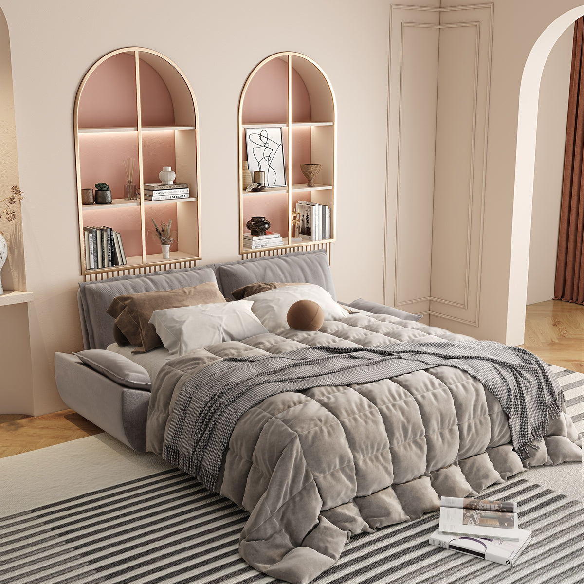 73.2" Queen Pull Out Sofa Bed,3-in-1 Convertible Sleeper Sofa,Multi-Functional Velvet Loveseat Bed,Grey(Old Sku:W1885S00051/W1885S00121/W1885S00229)