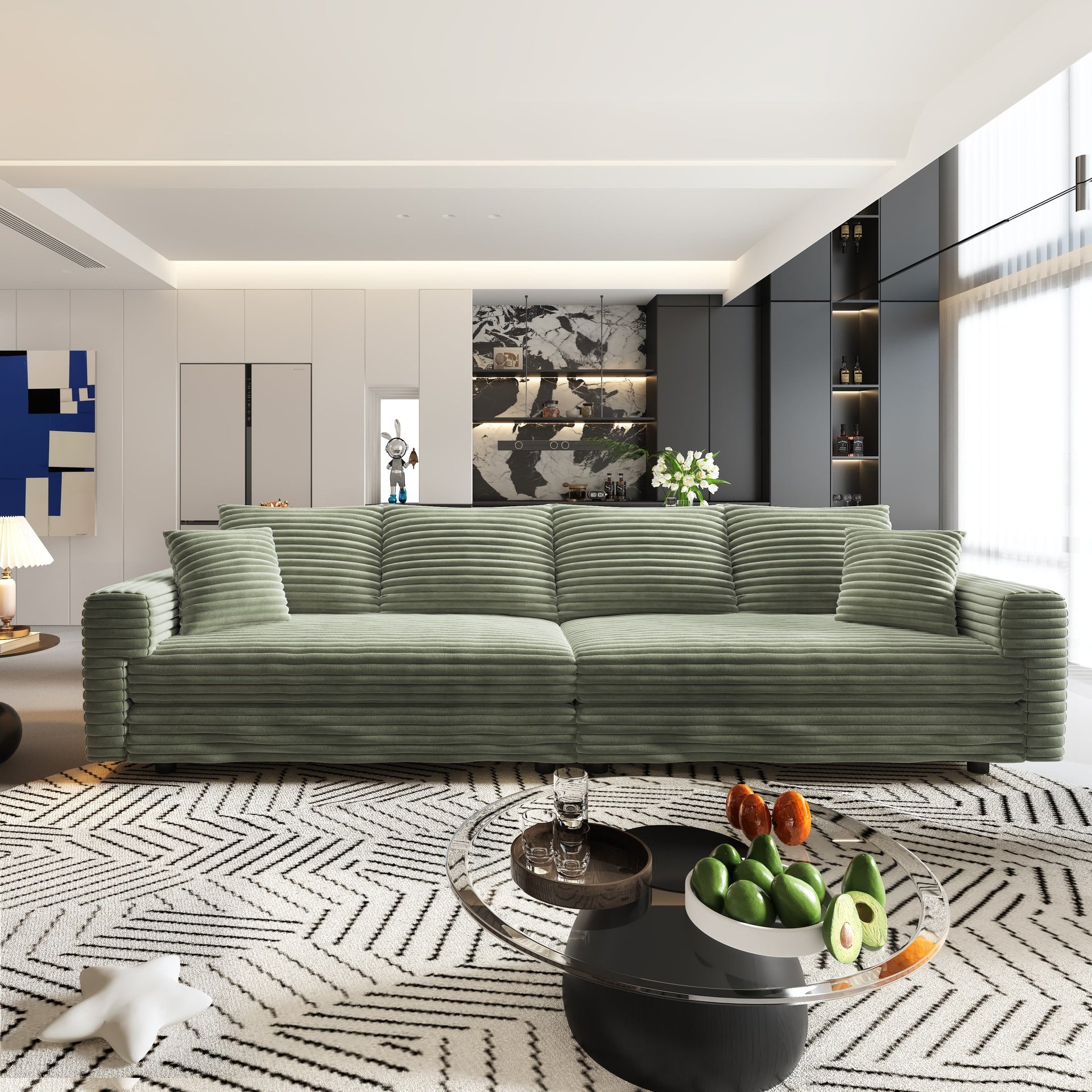 102.4 "Plush Corduroy 4-Seat Sofa,Modern Comfy Upholstered Sofa Cloud Couch,Deep Seat Couches with Soft Pillows and Movable Ottoman,Convertible Sofa Lounge Chair,Green