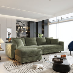 102.4 "Plush Corduroy 4-Seat Sofa,Modern Comfy Upholstered Sofa Cloud Couch,Deep Seat Couches with Soft Pillows and Movable Ottoman,Convertible Sofa Lounge Chair,Green