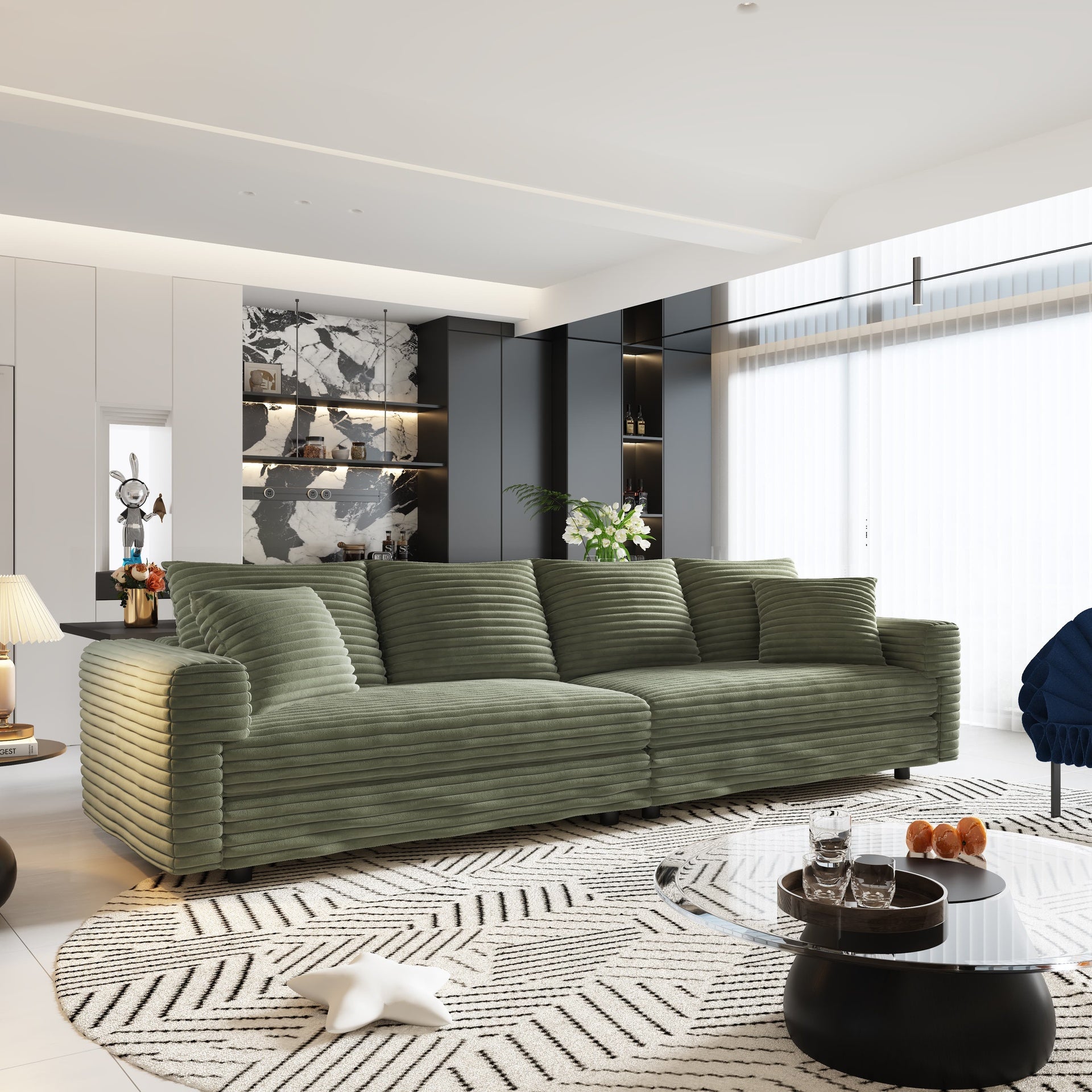 102.4 "Plush Corduroy 4-Seat Sofa,Modern Comfy Upholstered Sofa Cloud Couch,Deep Seat Couches with Soft Pillows and Movable Ottoman,Convertible Sofa Lounge Chair,Green