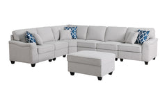 Leo 125" Light Gray Linen 7Pc Modular L-Shape Sectional Sofa and Ottoman