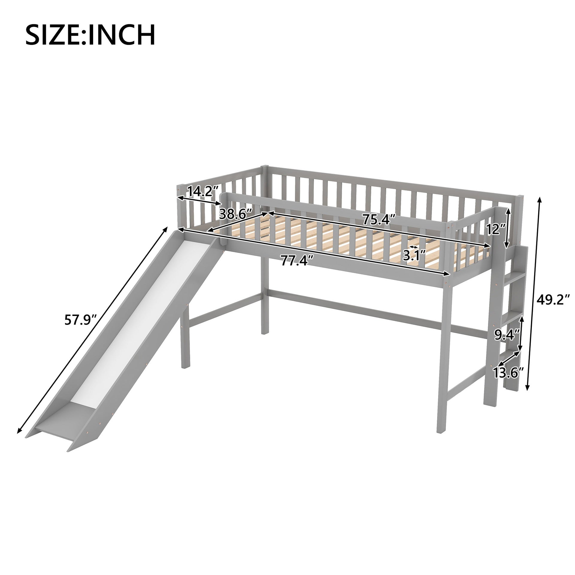 Twin Size Low Loft Bed with Ladder and Slide, Gray(OLD SKU:WF196418AAE)