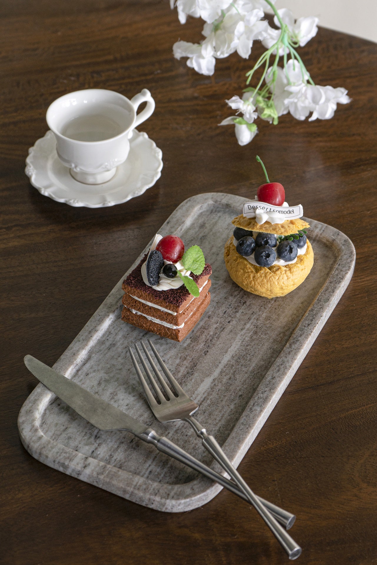 12x6" Rectangular Gray Marble Tray with Raised Edges