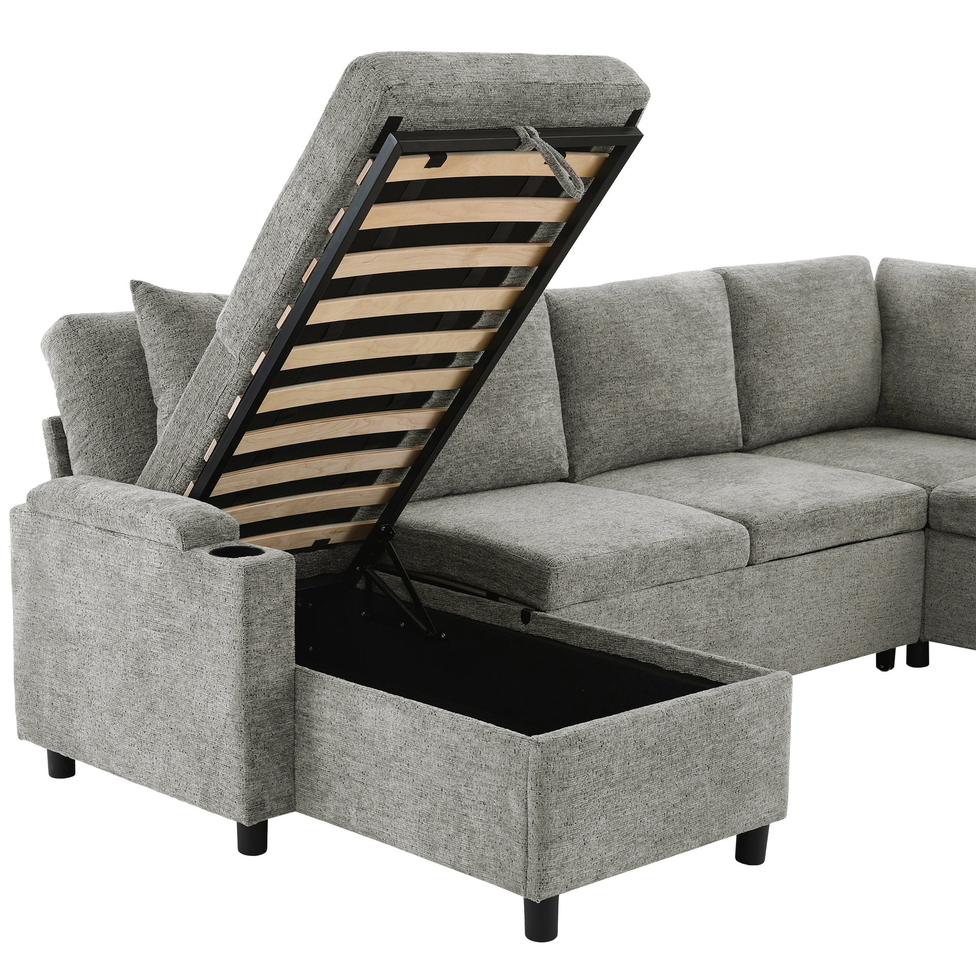 109.9" Sectional Sofa Versatile Sofa Bed Sofa Sleeper U-shaped Sofa with Ample Storage Space, Two Cup Holders and Charging Ports for Living Room, Light Grey