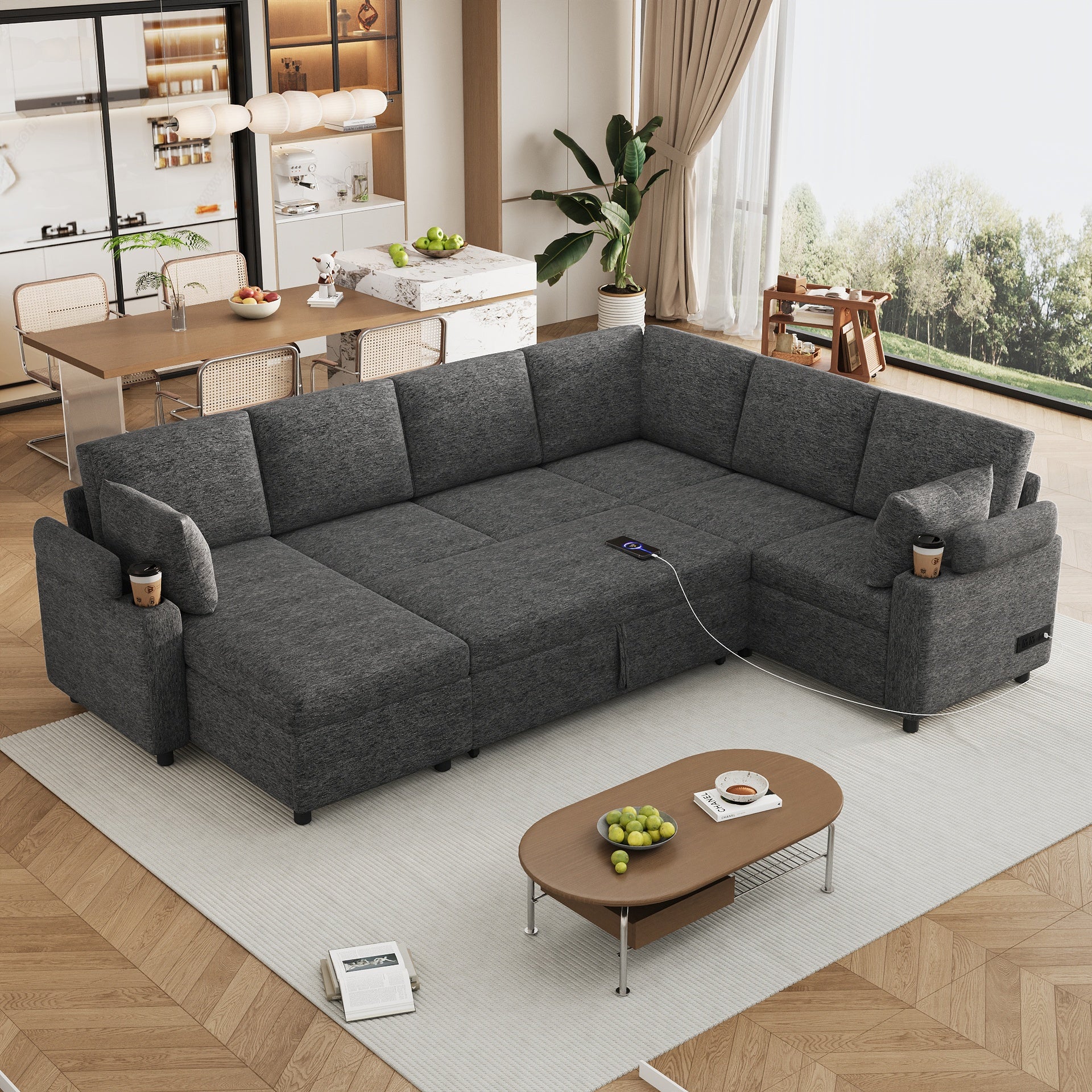 109.9" Sectional Sofa Versatile Sofa Bed Sofa Sleeper U-shaped Sofa with Ample Storage Space, Two Cup Holders and Charging Ports for Living Room, Beige,Grey