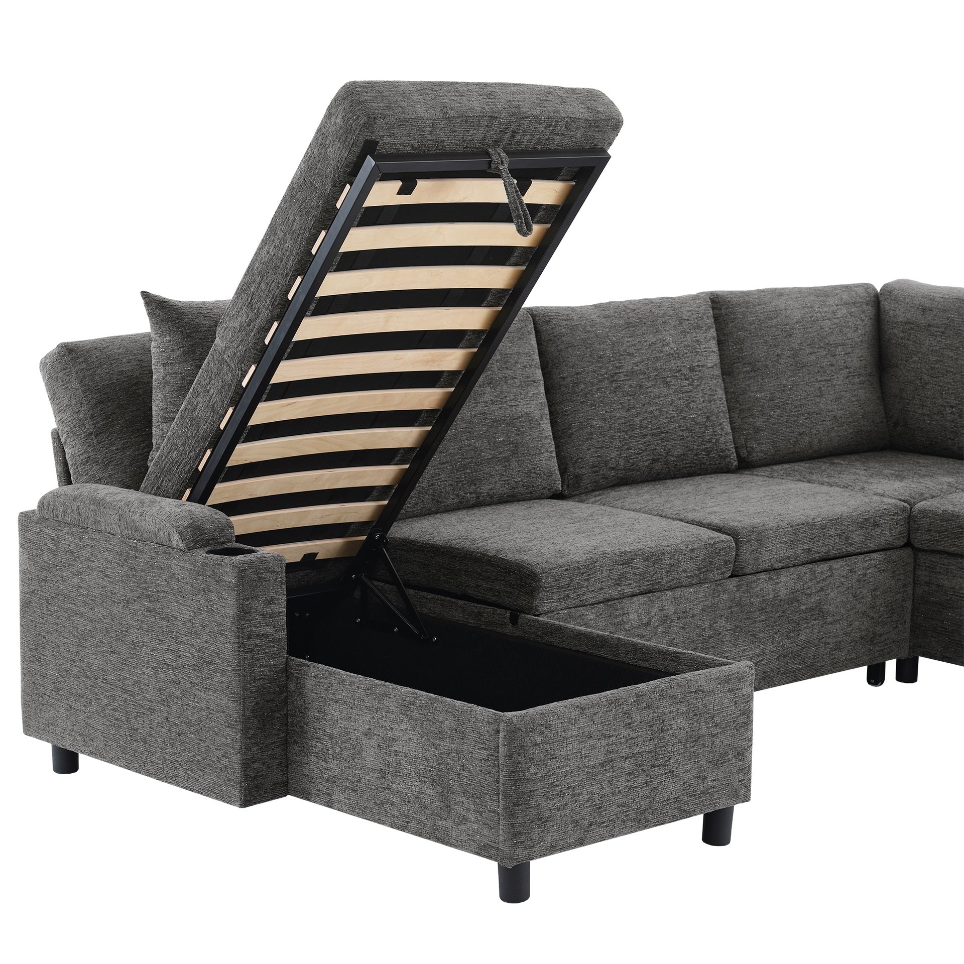 109.9" Sectional Sofa Versatile Sofa Bed Sofa Sleeper U-shaped Sofa with Ample Storage Space, Two Cup Holders and Charging Ports for Living Room, Beige,Grey