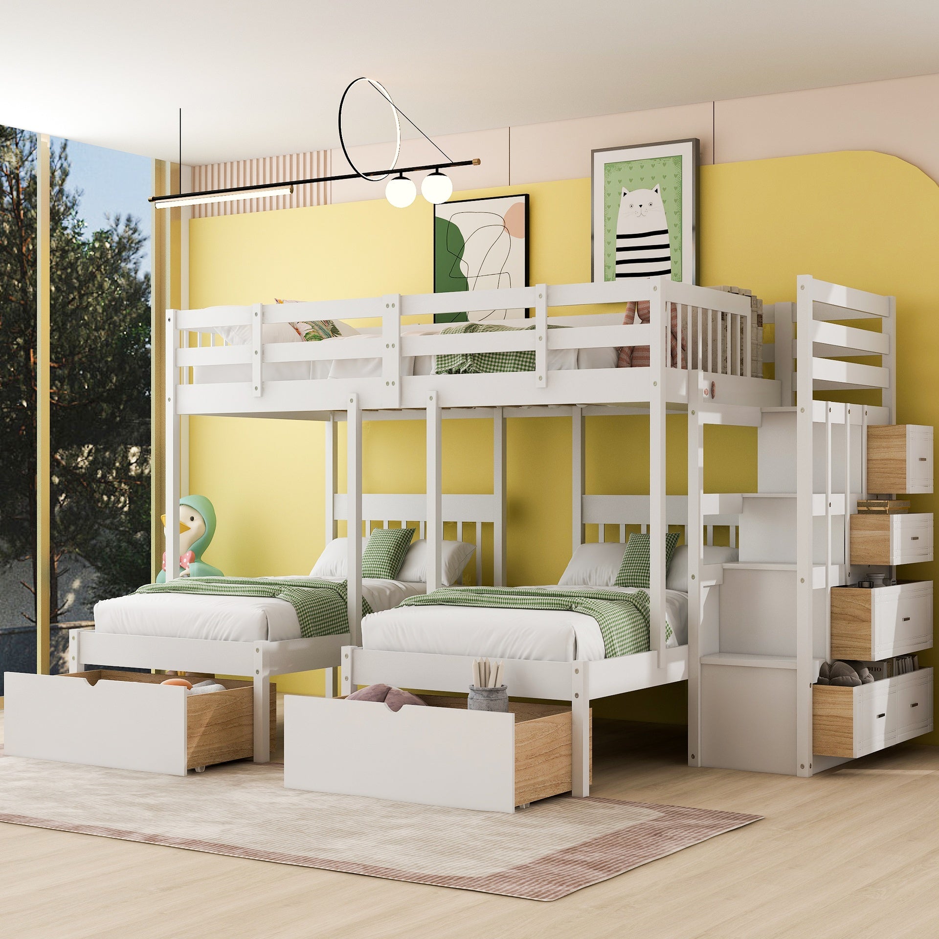 Full Over Twin & Twin Bunk Bed, Wood Triple Bunk Bed with Drawers and Guardrails,White (OLC SKU:LT000443AAK-1)