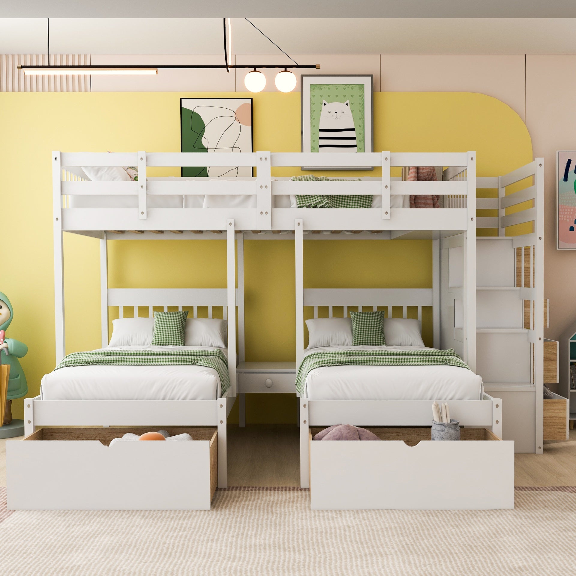 Full Over Twin & Twin Bunk Bed, Wood Triple Bunk Bed with Drawers and Guardrails,White (OLC SKU:LT000443AAK-1)