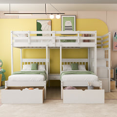 Full Over Twin & Twin Bunk Bed, Wood Triple Bunk Bed with Drawers and Guardrails,White (OLC SKU:LT000443AAK-1)