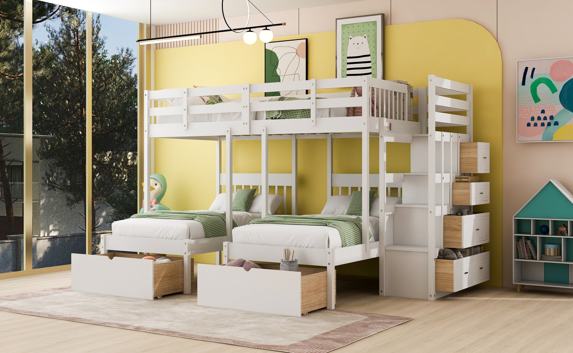 Full Over Twin & Twin Bunk Bed, Wood Triple Bunk Bed with Drawers and Guardrails,White (OLC SKU:LT000443AAK-1)