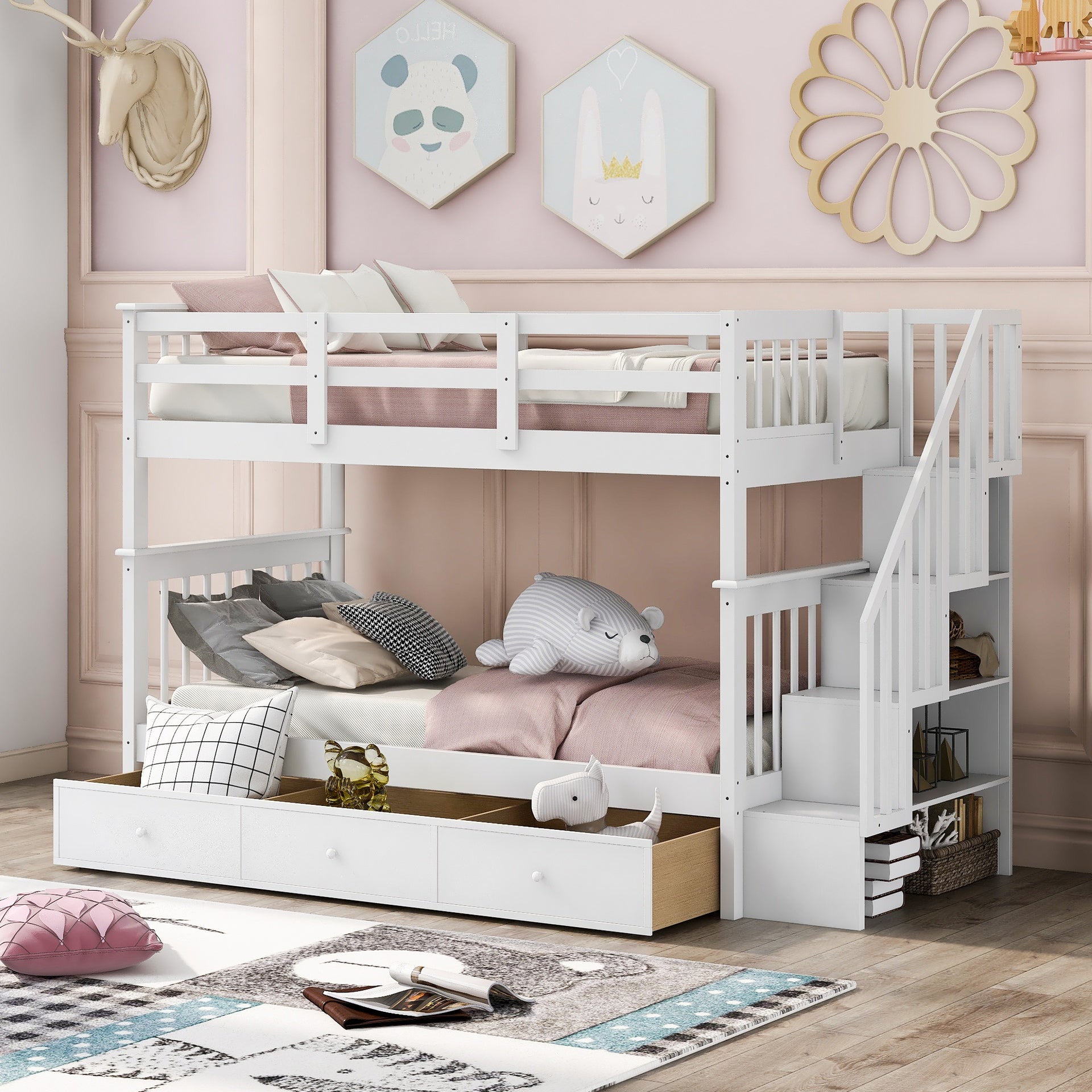 Stairway Twin-Over-Twin Bunk Bed with Three Drawers for Bedroom, Dorm - White(Old sku: LT000309AAK)
