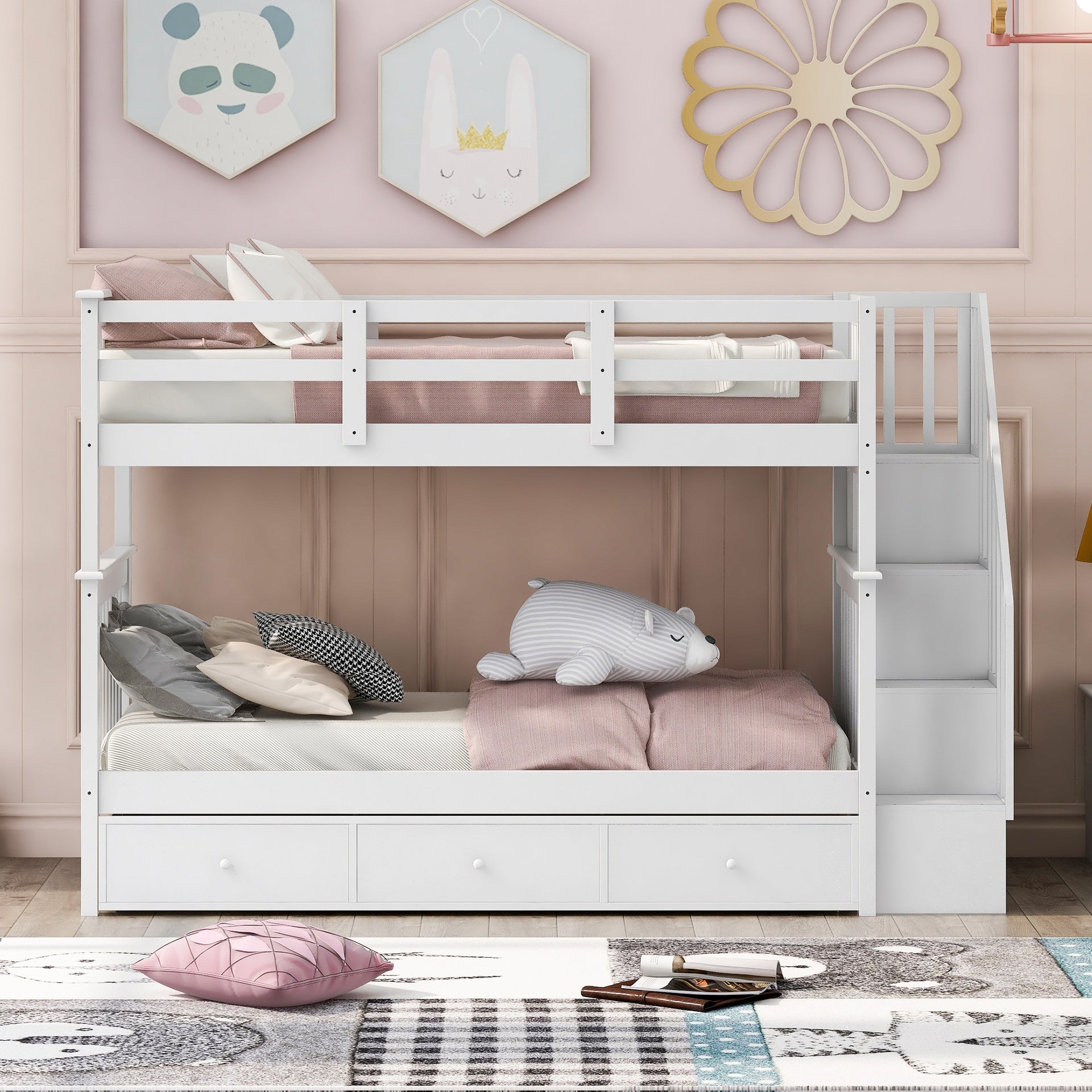 Stairway Twin-Over-Twin Bunk Bed with Three Drawers for Bedroom, Dorm - White(Old sku: LT000309AAK)