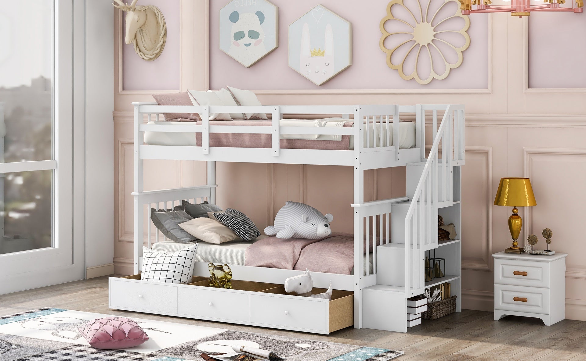 Stairway Twin-Over-Twin Bunk Bed with Three Drawers for Bedroom, Dorm - White(Old sku: LT000309AAK)