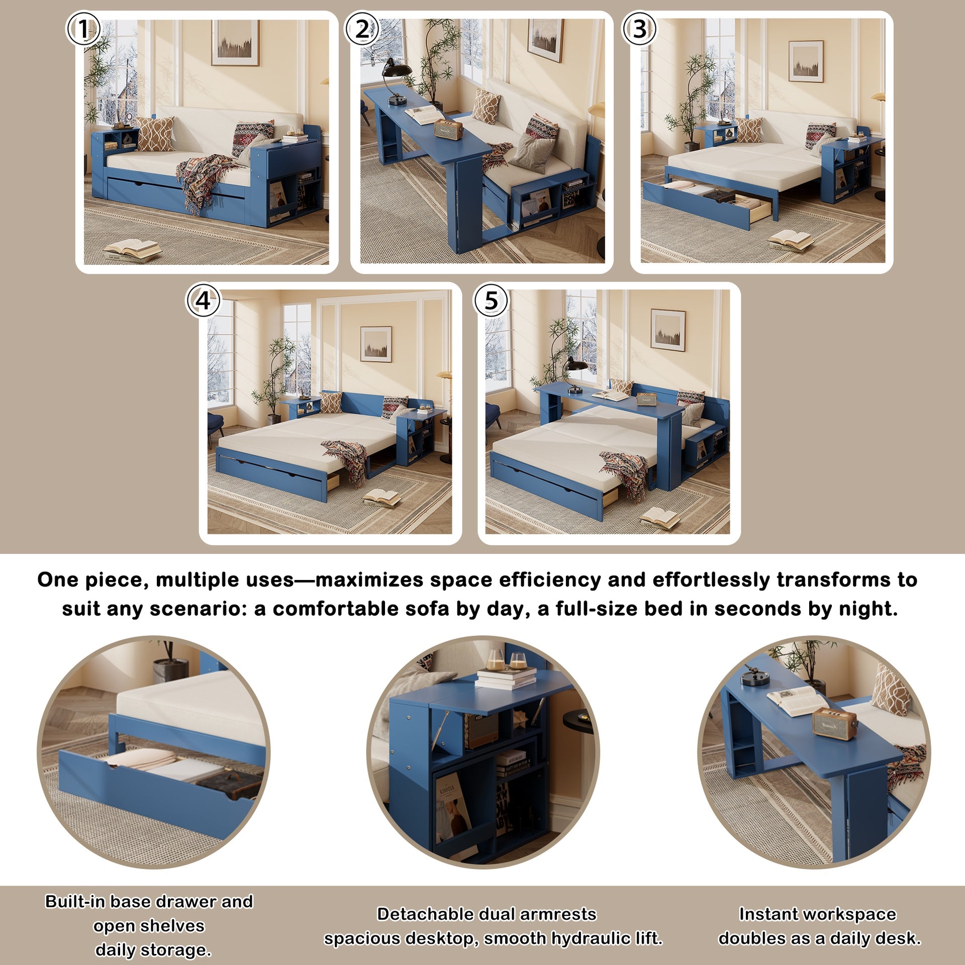 Full Size Daybed with Removable Desk, Storage Drawers & Hydraulic Side Table, Blue