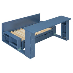 Full Size Daybed with Removable Desk, Storage Drawers & Hydraulic Side Table, Blue