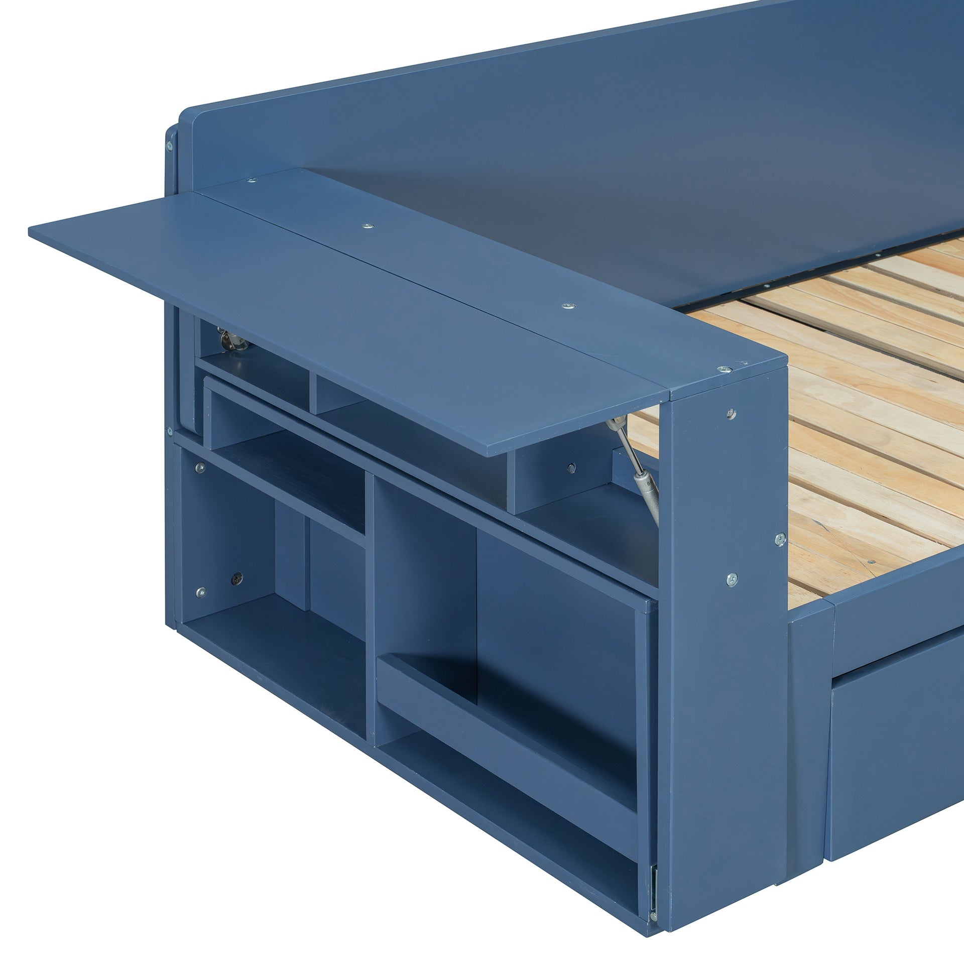 Full Size Daybed with Removable Desk, Storage Drawers & Hydraulic Side Table, Blue