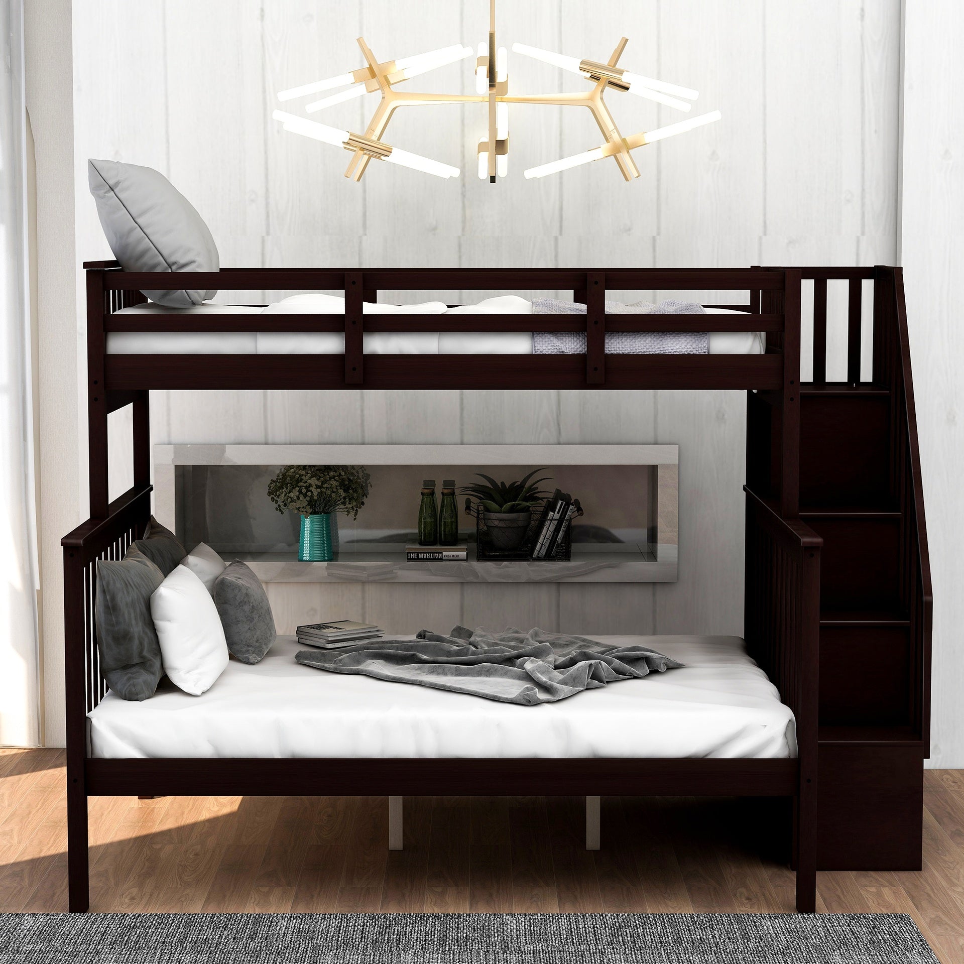 Stairway Twin-Over-Full Bunk Bed with Storage and Guard Rail for Bedroom, Espresso color(OLD SKU :LT000019AAP)