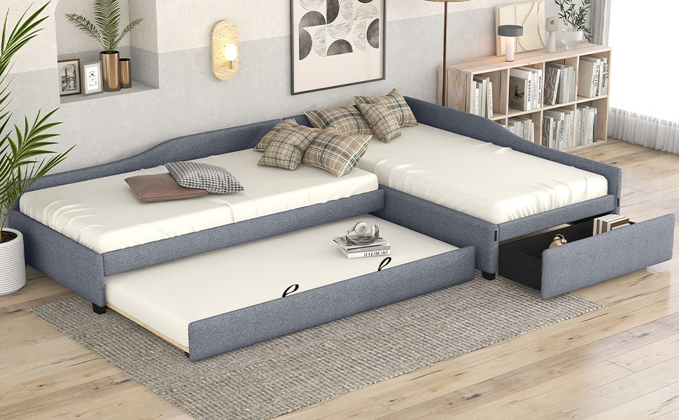 Upholstered Double Twin Size Daybed with Trundle and Drawer, Gray