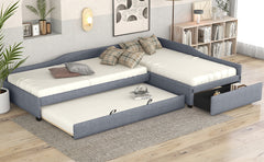 Upholstered Double Twin Size Daybed with Trundle and Drawer, Gray