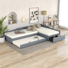 Upholstered Double Twin Size Daybed with Trundle and Drawer, Gray