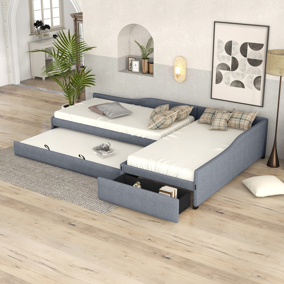 Upholstered Double Twin Size Daybed with Trundle and Drawer, Gray