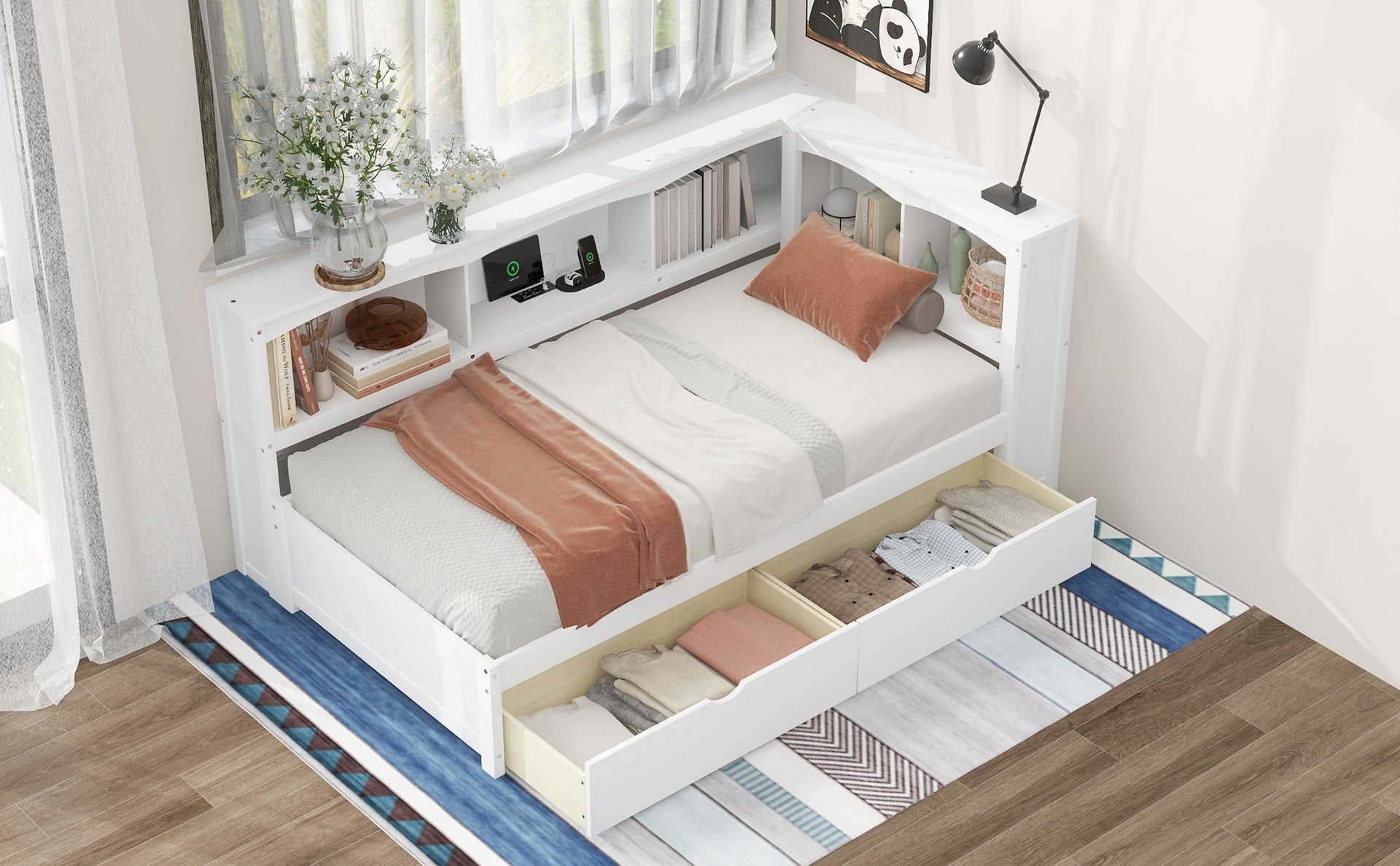 Twin Size Daybed with Two Storage Drawers, Storage Cabinets and USB Ports, White