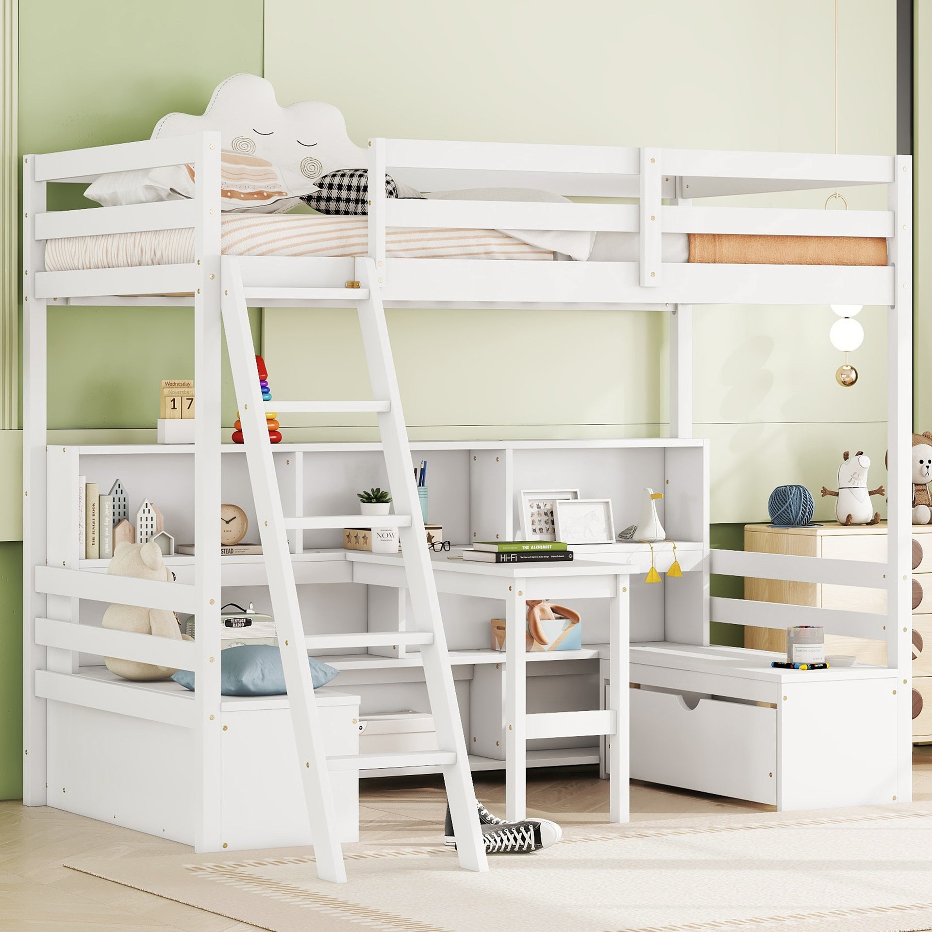 Twin Loft Bed With Storage Shelves, Drawers, Seat And Desk For White Color