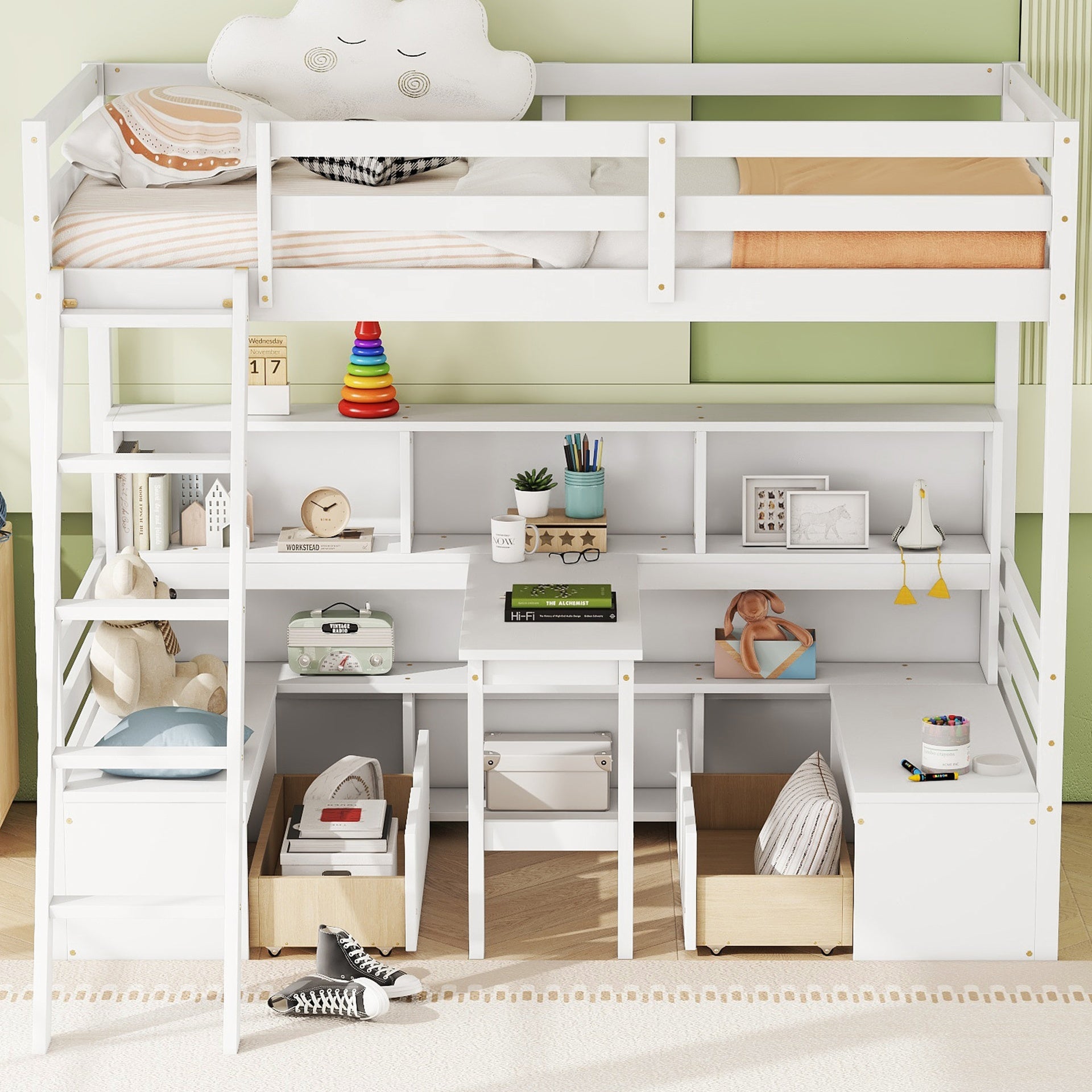 Twin Loft Bed With Storage Shelves, Drawers, Seat And Desk For White Color